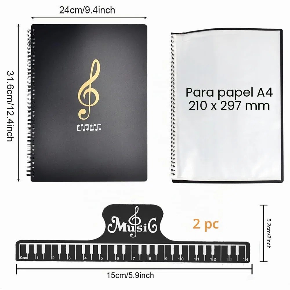 ADERTOS Carpeta de Partituras Musicales 50 Bolsillos/100 Páginas Carpeta de Anillas Negra Presentación A4 Espiral, de Polipropileno para Guardar Notas de Piano/Guitarra/Violín + 2 Clips Partituras