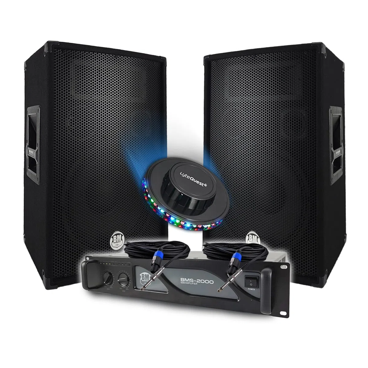 Pack Sono DJ BM Bmsonic Ampli 2000 W par de altavoces 2 x 600 W, cables, sonido Pro, OVNI LED, fiesta, bar, sala de fiestas