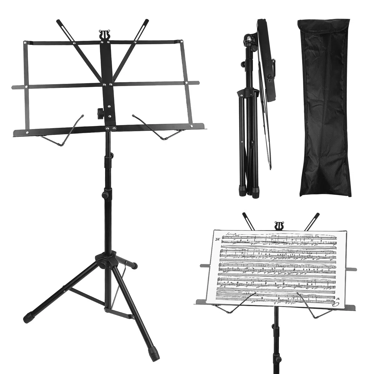 2 en 1 Atril Musica Plegable Estable, Atril Partituras, Soporte para Libros de Escritorio de Metal Ajustable en Altura 70-140cm con Bolsa de Transporte, para Niños Y Adultos, Negro