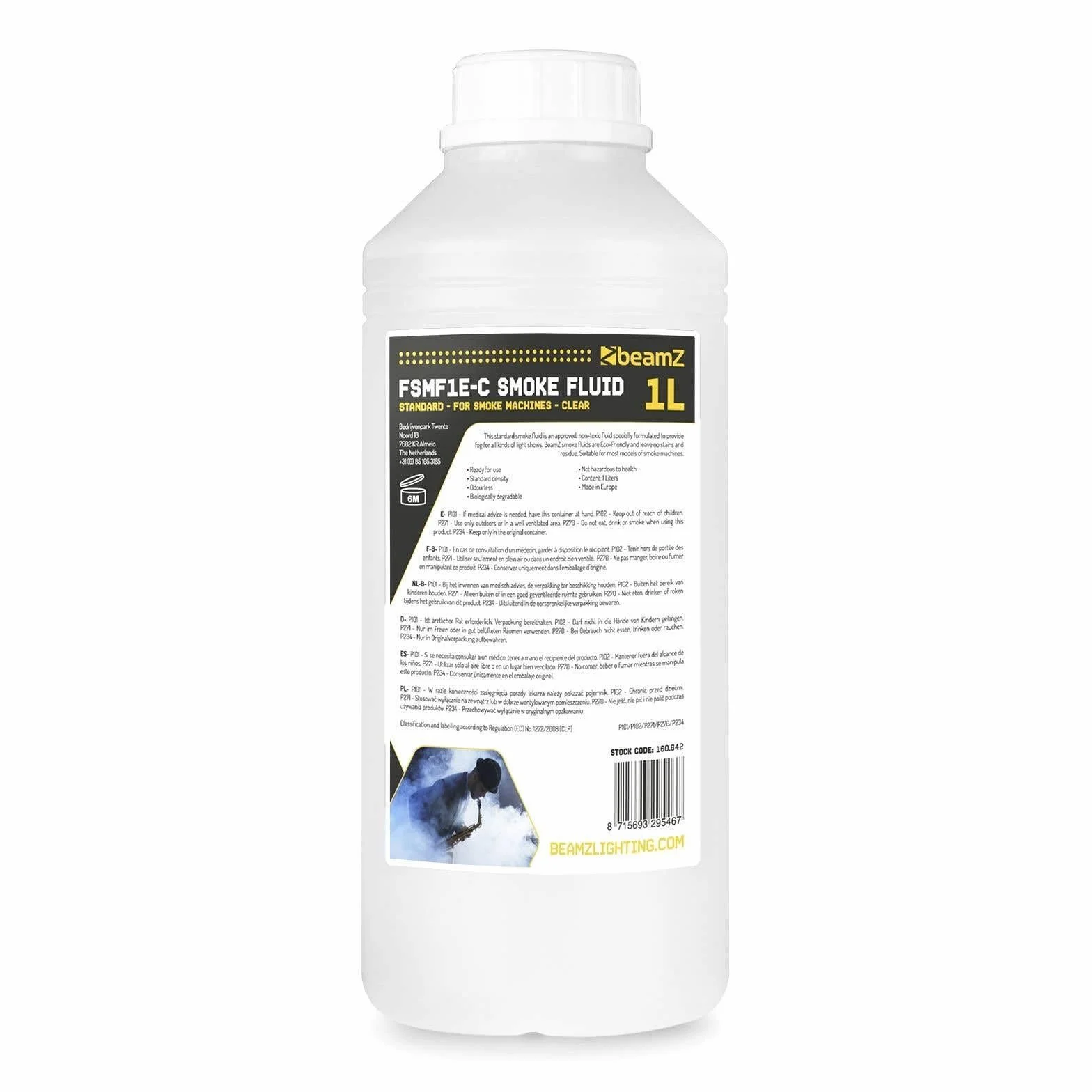 Beamz FSMF1-C Líquido de Niebla Botella de 1 litro con Densidad estándar, Líquido de Niebla Eco para Uso Universal a Base de Agua, sin olores, Biodegradable, no irrita - Transparente