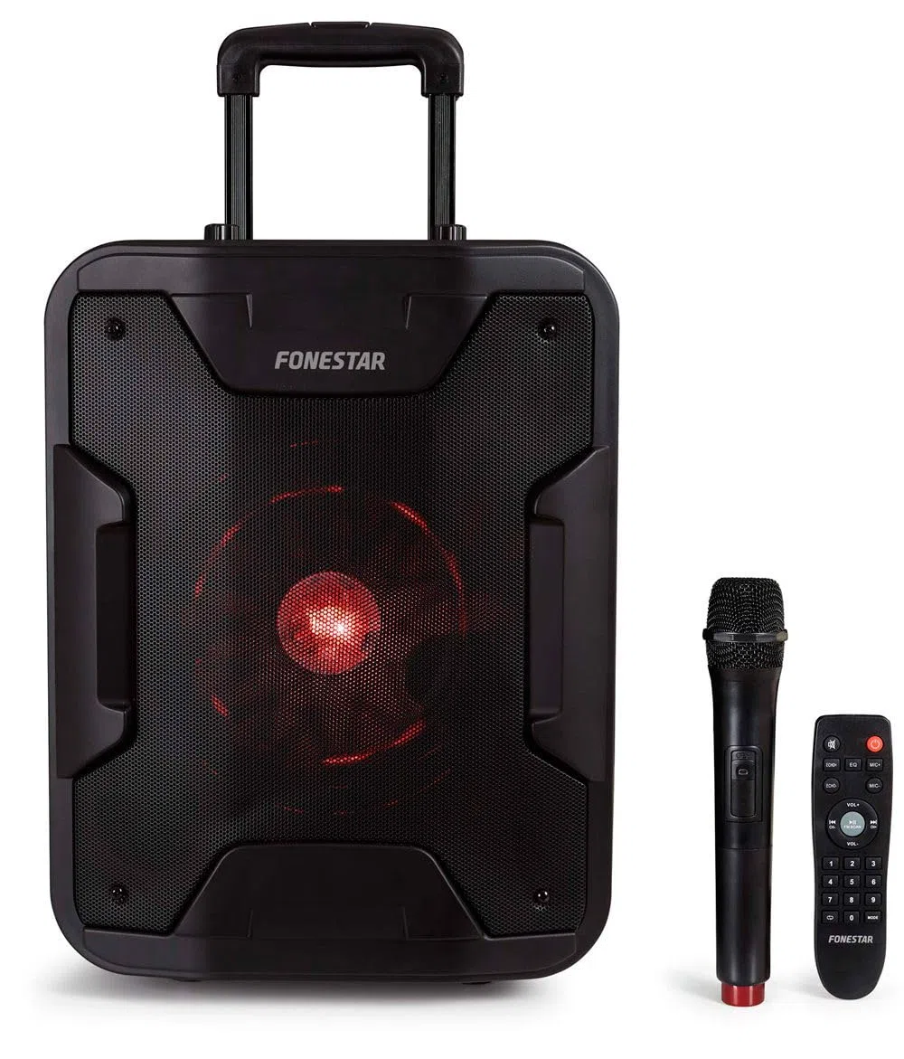 FONESTAR Amplificador Portátil California (200W, woofer 8", Tweeter 3", Micrófono VHF, Karaoke, Eco y Ecualizaciones, 4H Autonomía) - Negro