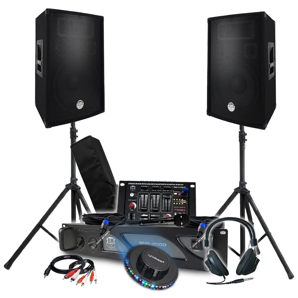Pack Sono DJ 3200W Total Completo Ampli Altavoces, Mezclador, Pies, Auriculares Cables Micro, LED, Noche Bar Sala de Fiestas
