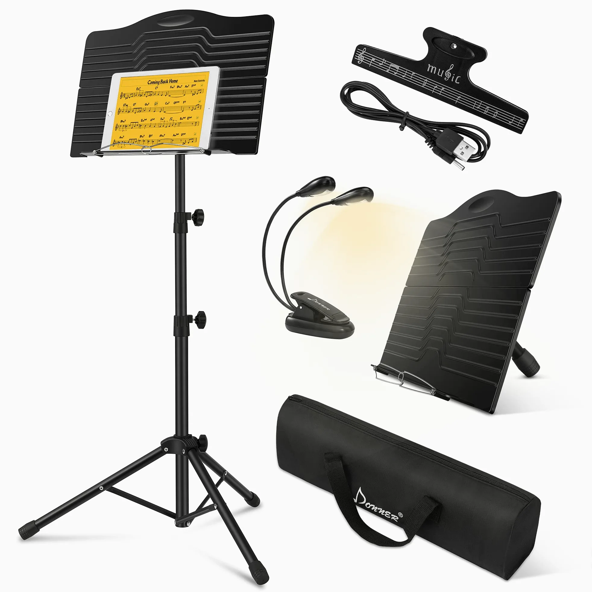 Donner Atril Musica para Partituras Plegable DMS-1 Soporte para Partituras de Metálico con Bolsa de Transporte, Estable Regulable Altura Negro