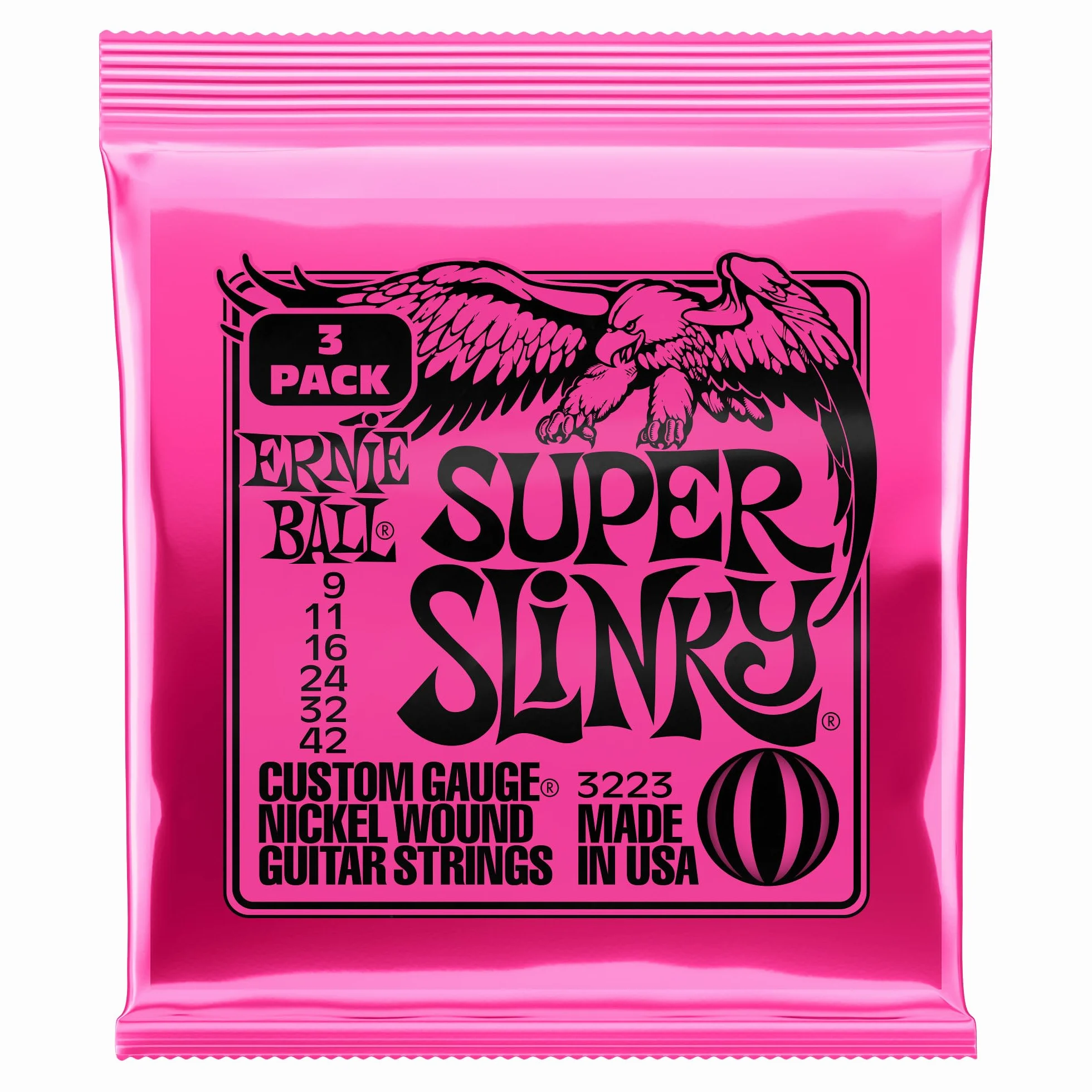 Ernie Ball Super Slinky - Cuerdas para guitarra eléctrica, entorchado de níquel, 3 paquetes, calibre 9-42