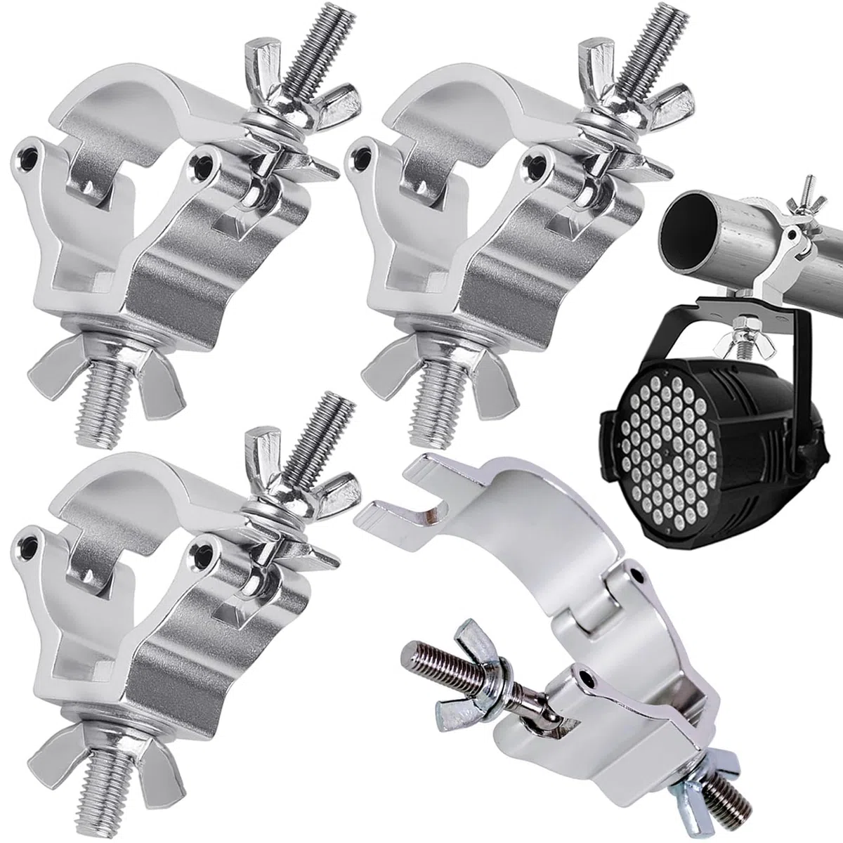 4 Piezas Pinza de Gancho Truss Clamp Pinzas de Tracción de Luz Truss DJ O-Clamp Aleación de Aluminio para 48-51MM Tubo Carga Máx 100KG (Silver hook)