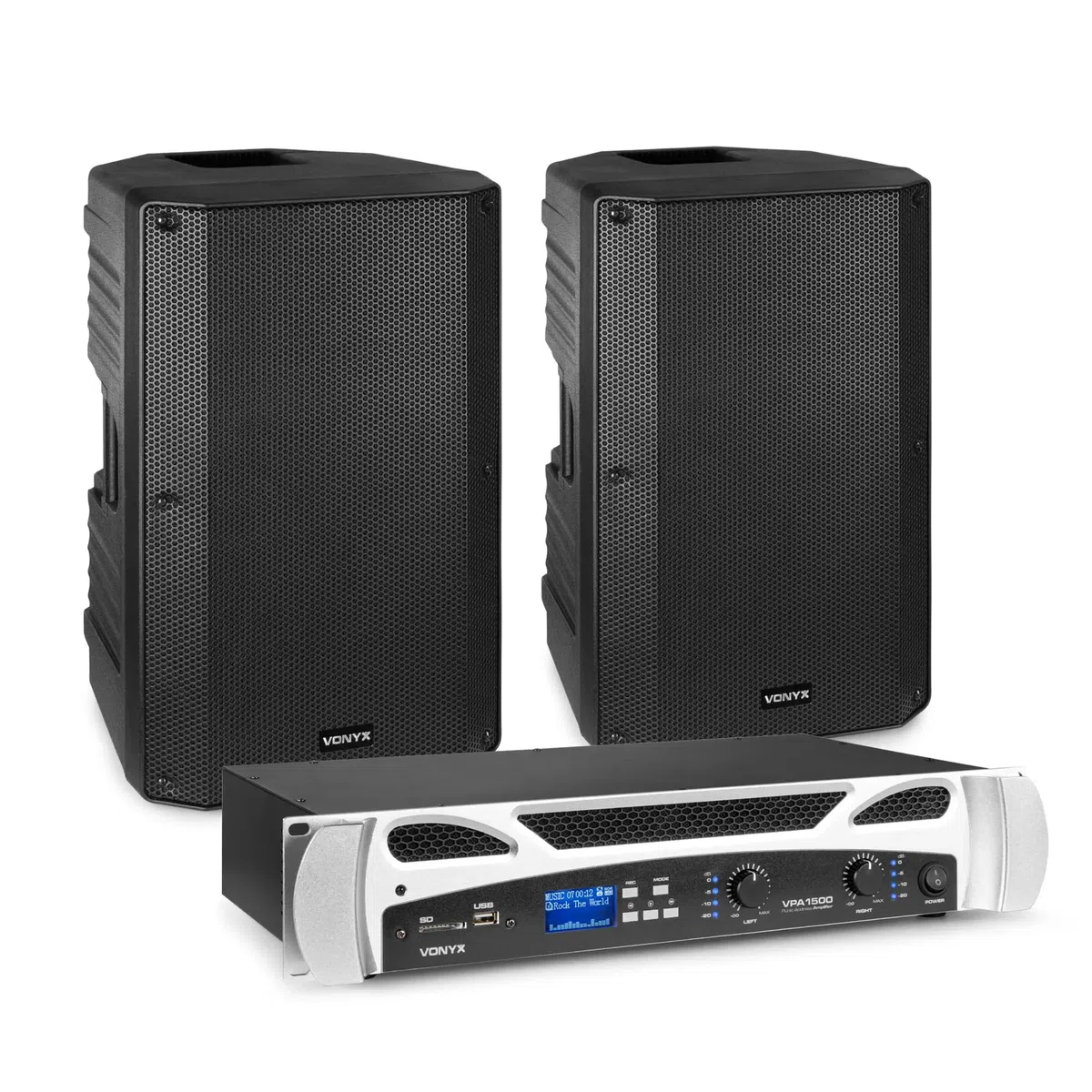 Vonyx VSA15P + VPA1500 – Altavoz pasivo 15" 1000W y Amplificador 2x750W con Bluetooth, Reproductor MP3, entradas RCA/Speakon, Ruedas integradas, Ideal DJ, Eventos y conferencias