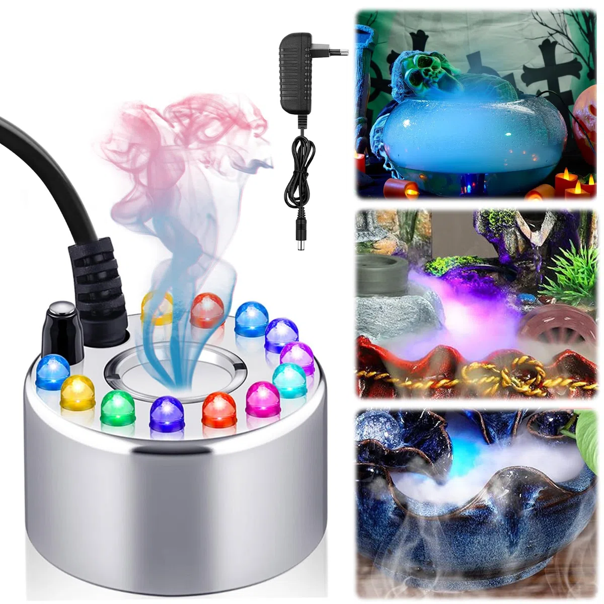 Maquina Humo, Nebulizador Ultrasónico con LED, Nebulizador de Agua de Fuente 350 ML/H, Nebulizador (con Enchufe de la UE), Máquina de Niebla Halloween (Plateado)