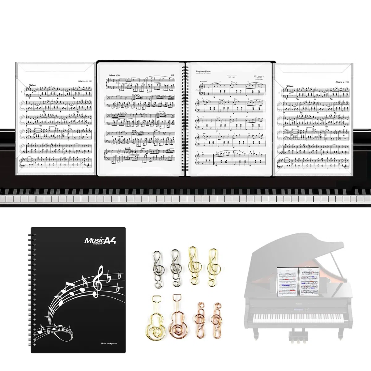 Carpeta para partituras, tamaño A4, color negro, 4 caras, plegable, con capacidad de 40 páginas y 8 clips exclusivos para partituras, para guardar piano